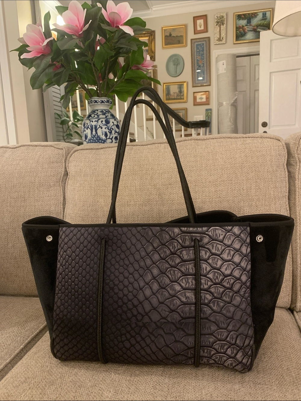 Haute Shore Greyson Neoprene Tote Bag Black Python Snakeskin - EUC With Wristlet